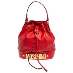 Moschino Red Leather Classic Logo Drawstring Bucket Bag