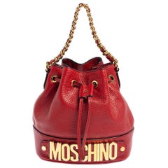 Moschino Red Leather Logo Drawstring Bucket Bag