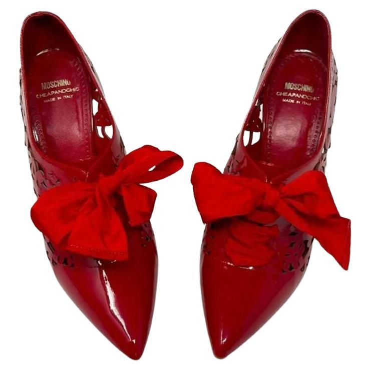 Moschino Red Patent Leather Lace Up Booties For Sale