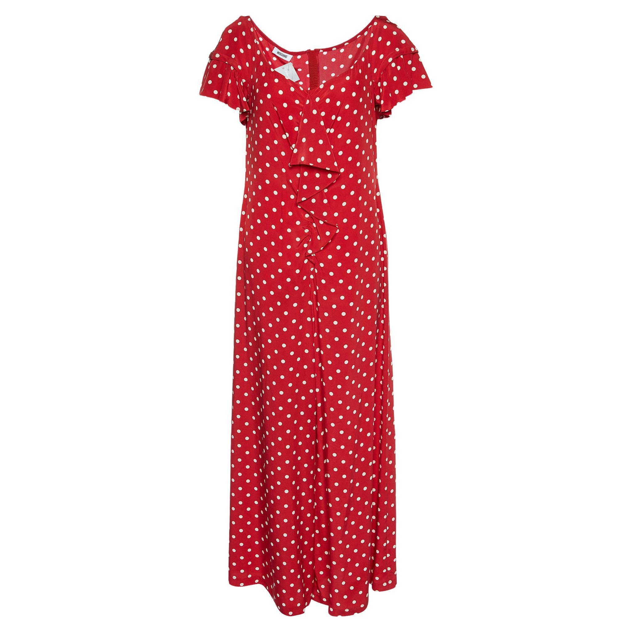 Moschino Red Polka Dot Printed Silk Ruffle Detail Jumpsuit L For Sale