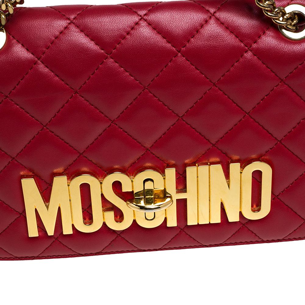 Moschino Red Quilted Leather Logo Flap Shoulder Bag 6