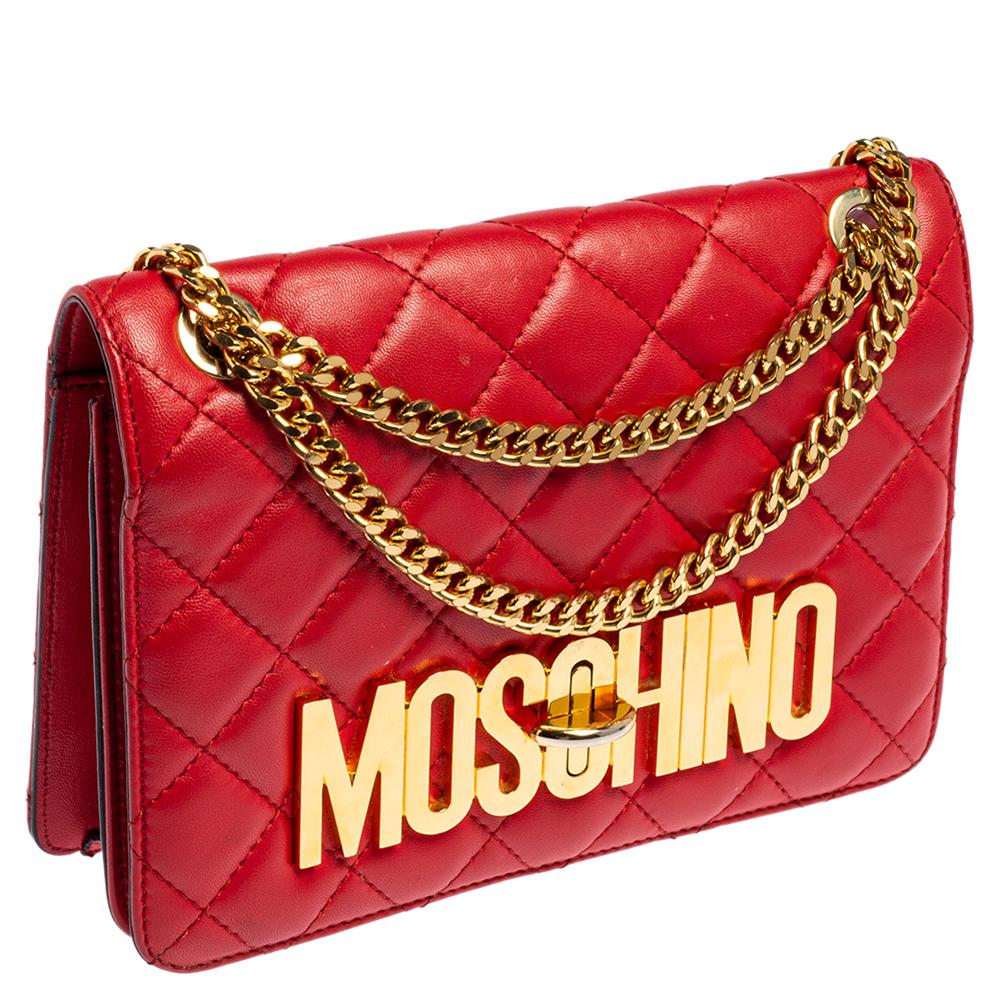 Moschino Red Quilted Leather Logo Flap Shoulder Bag 3