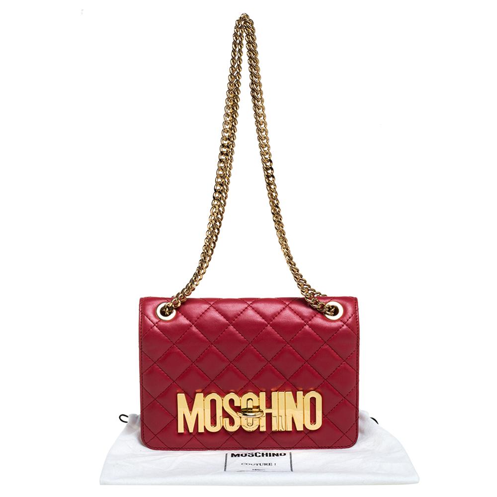Moschino Red Quilted Leather Logo Flap Shoulder Bag 8
