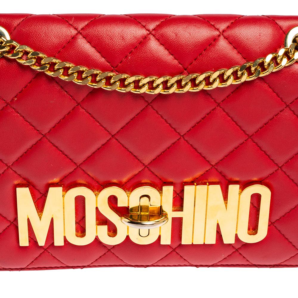 Moschino Red Quilted Leather Logo Flap Shoulder Bag 5