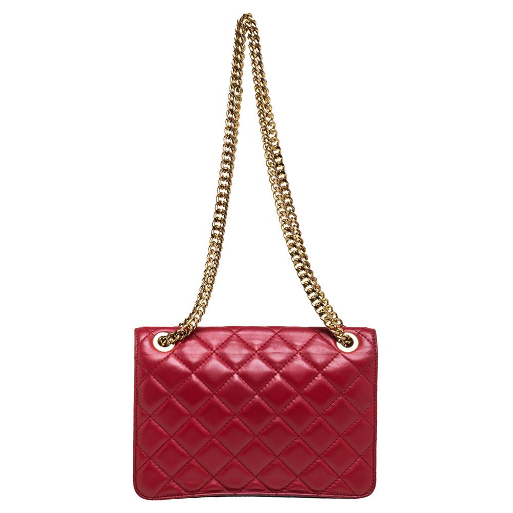 Women's Moschino Red Quilted Leather Logo Flap Shoulder Bag