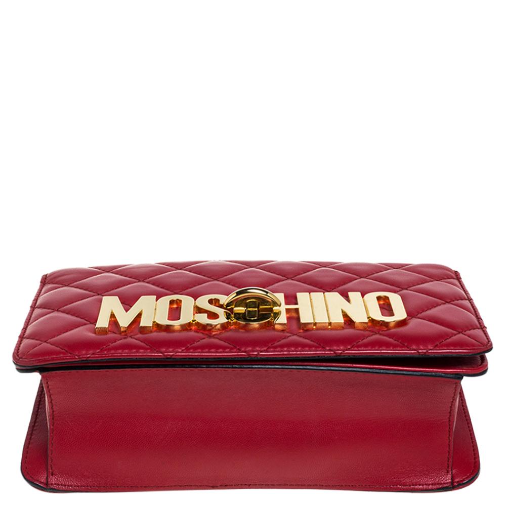 Moschino Red Quilted Leather Logo Flap Shoulder Bag 1