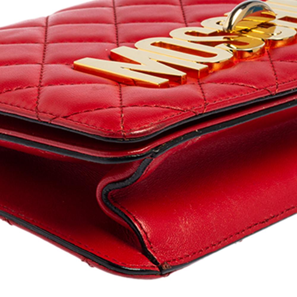 Women's Moschino Red Quilted Leather Logo Flap Shoulder Bag