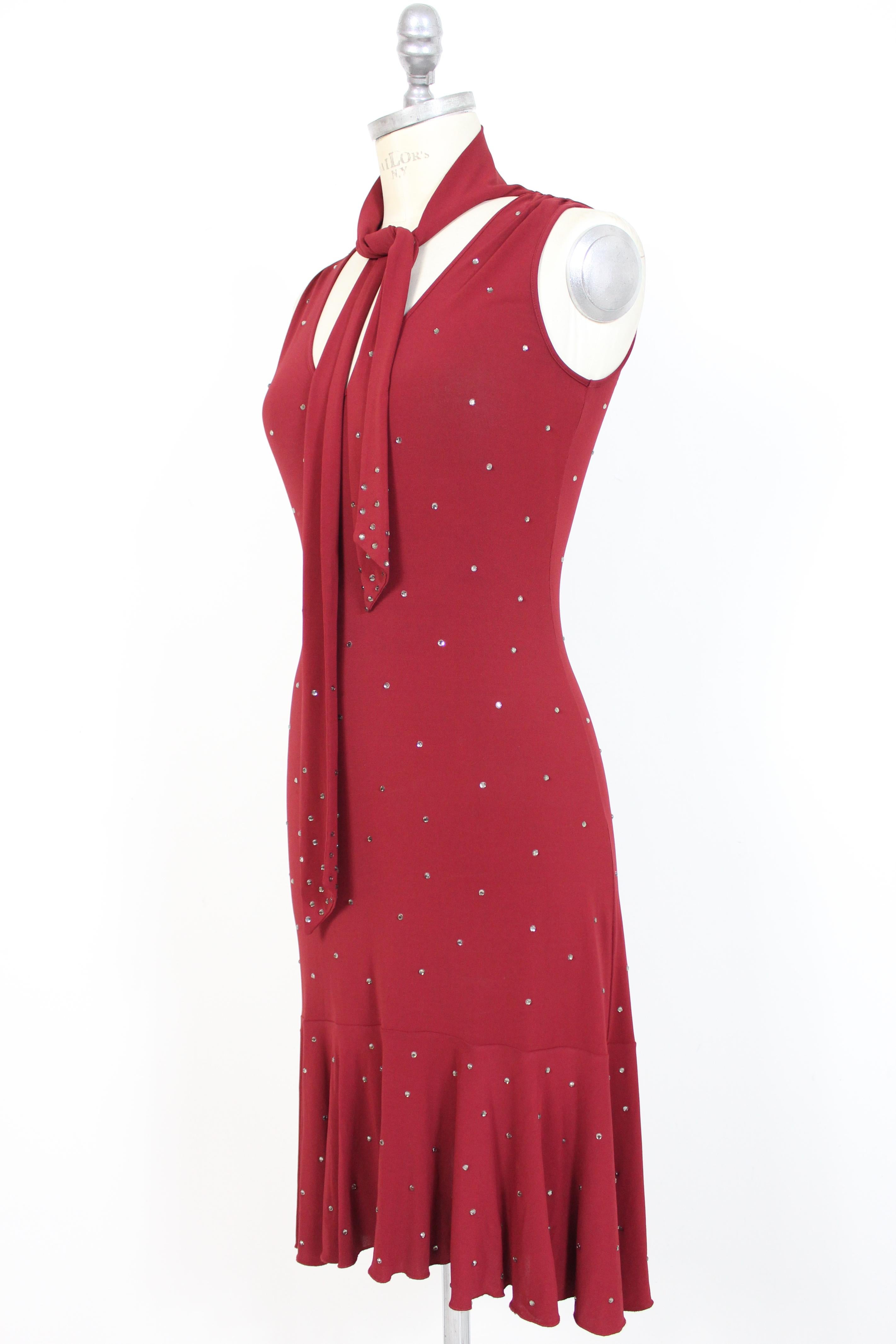 Moschino Red Rhinestone Long Evening Dress In Excellent Condition In Brindisi, Bt