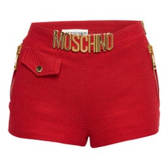 Moschino Red Textured Cotton Logo Metal Detail Shorts S