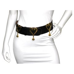 Moschino Redwall Black Leather Belt With Gold-Tone Heart Buckles circa 1980s
