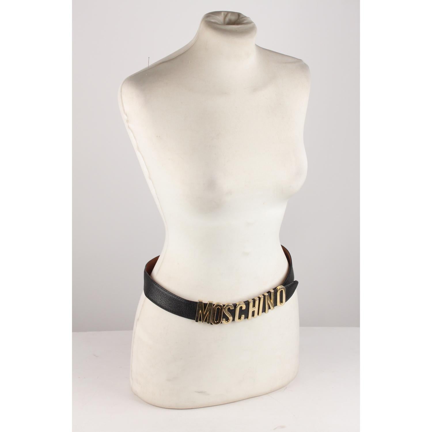 Women's Moschino Redwall Vintage Black Leather Lettered Logo Belt Size 44