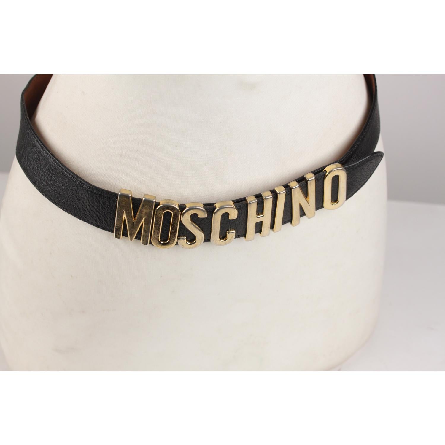 Moschino Redwall Vintage Black Leather Lettered Logo Belt Size 44 1