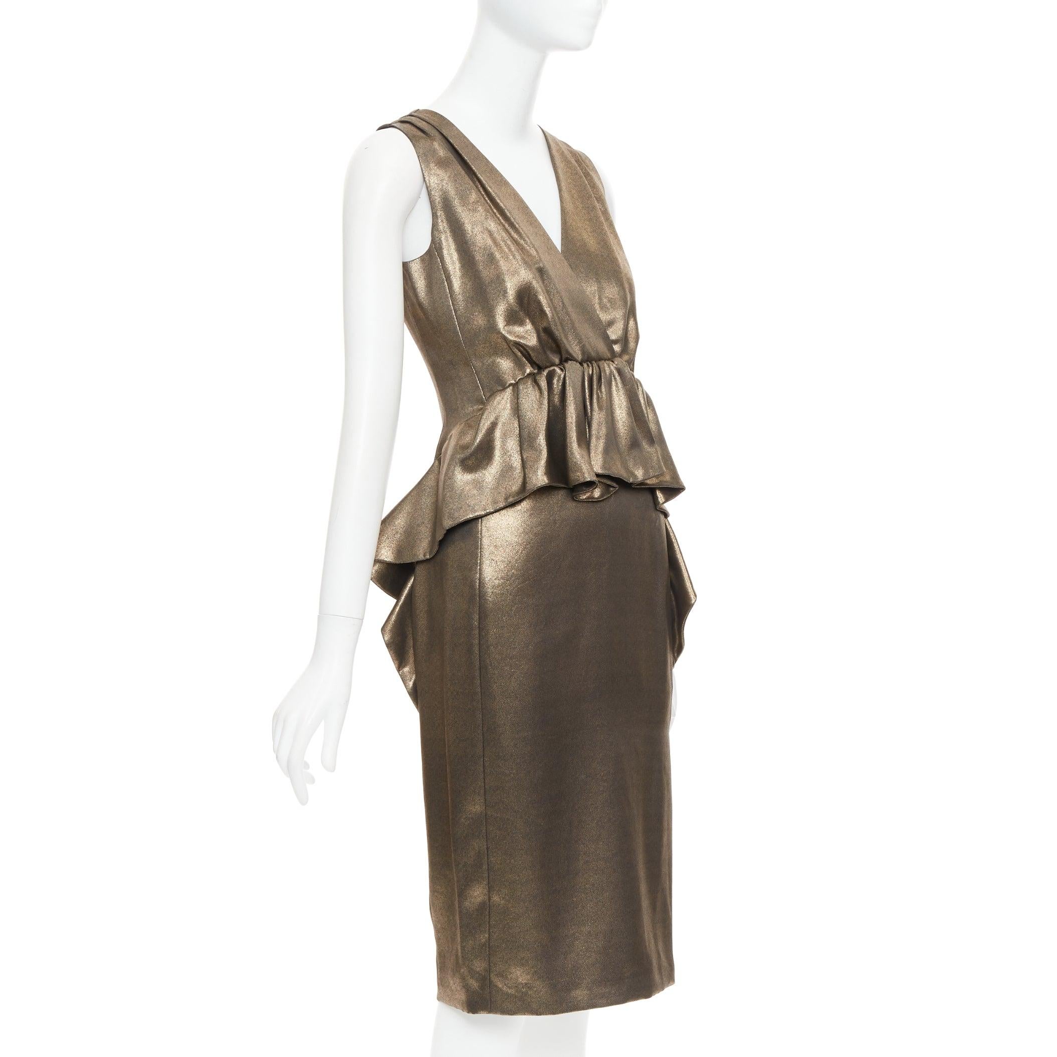Gray MOSCHINO rustic metallic gold draped peplum V-neck midi cocktail dress IT40 S For Sale