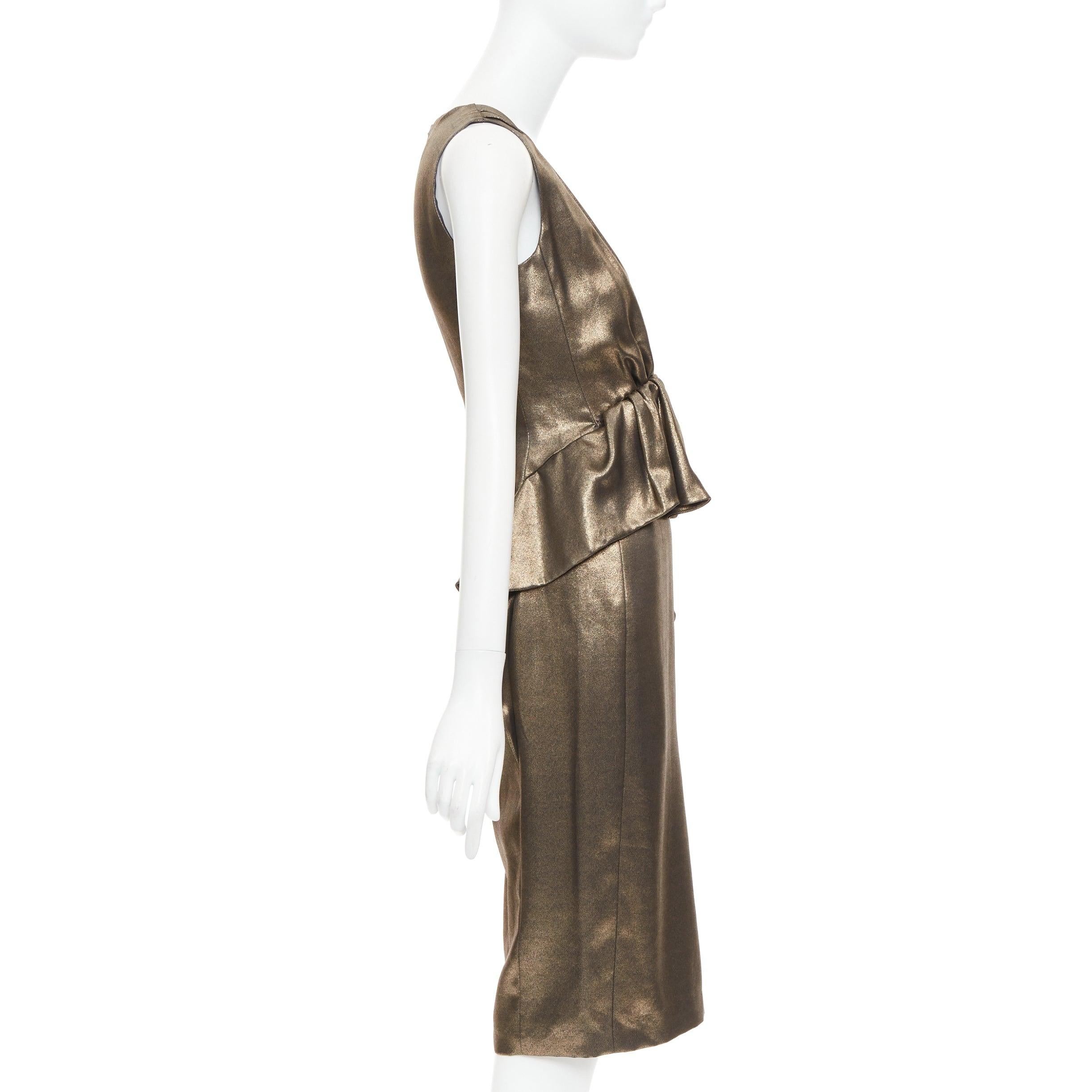 MOSCHINO rustic metallic gold draped peplum V-neck midi cocktail dress IT40 S In Good Condition For Sale In Hong Kong, NT