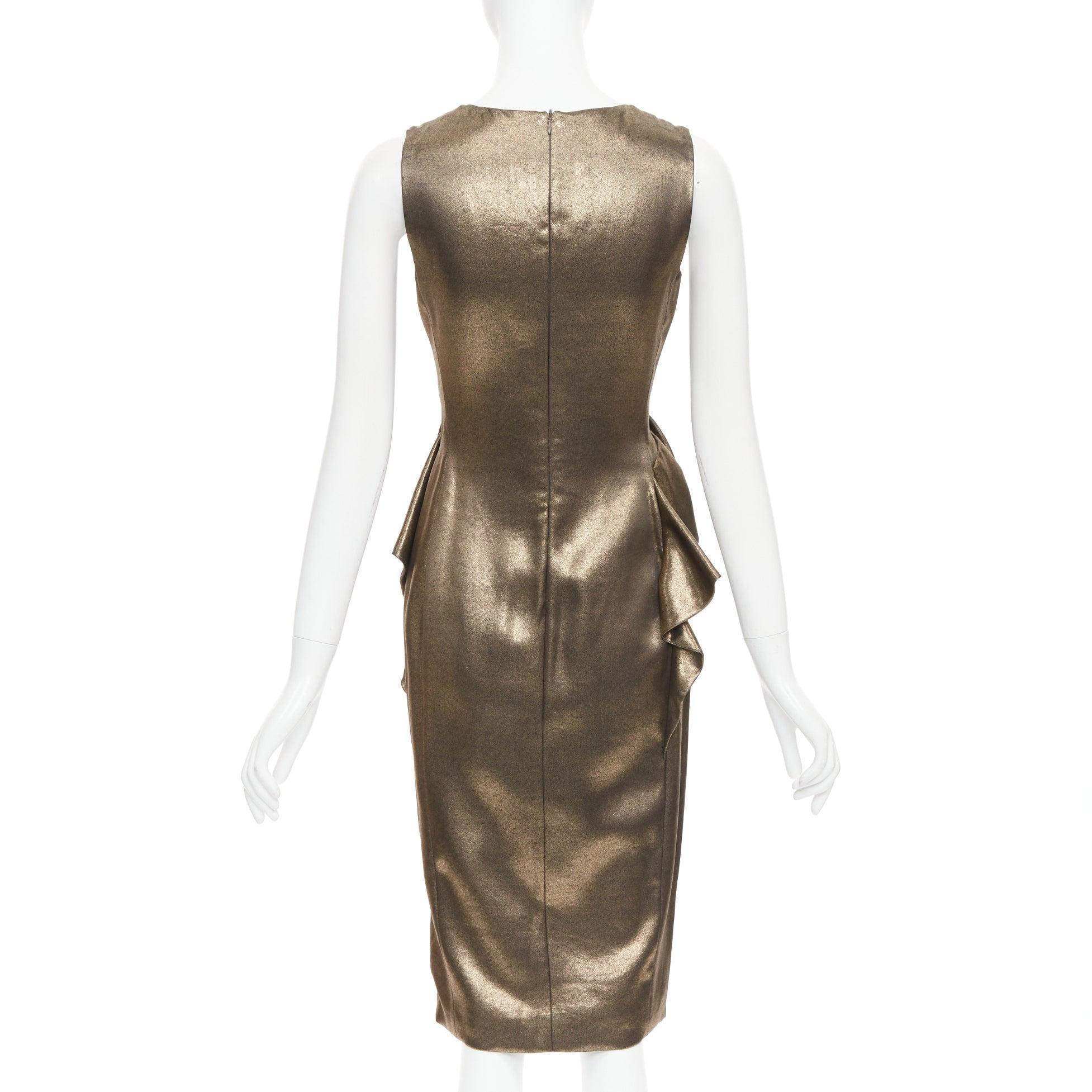 Women's MOSCHINO rustic metallic gold draped peplum V-neck midi cocktail dress IT40 S For Sale