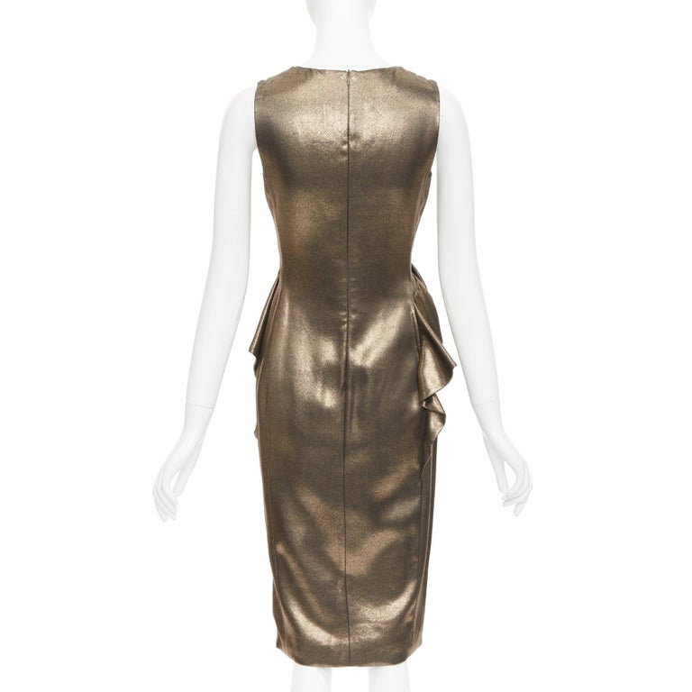 MOSCHINO rustic metallic gold draped peplum V-neck midi cocktail dress IT40  S For Sale at 1stDibs