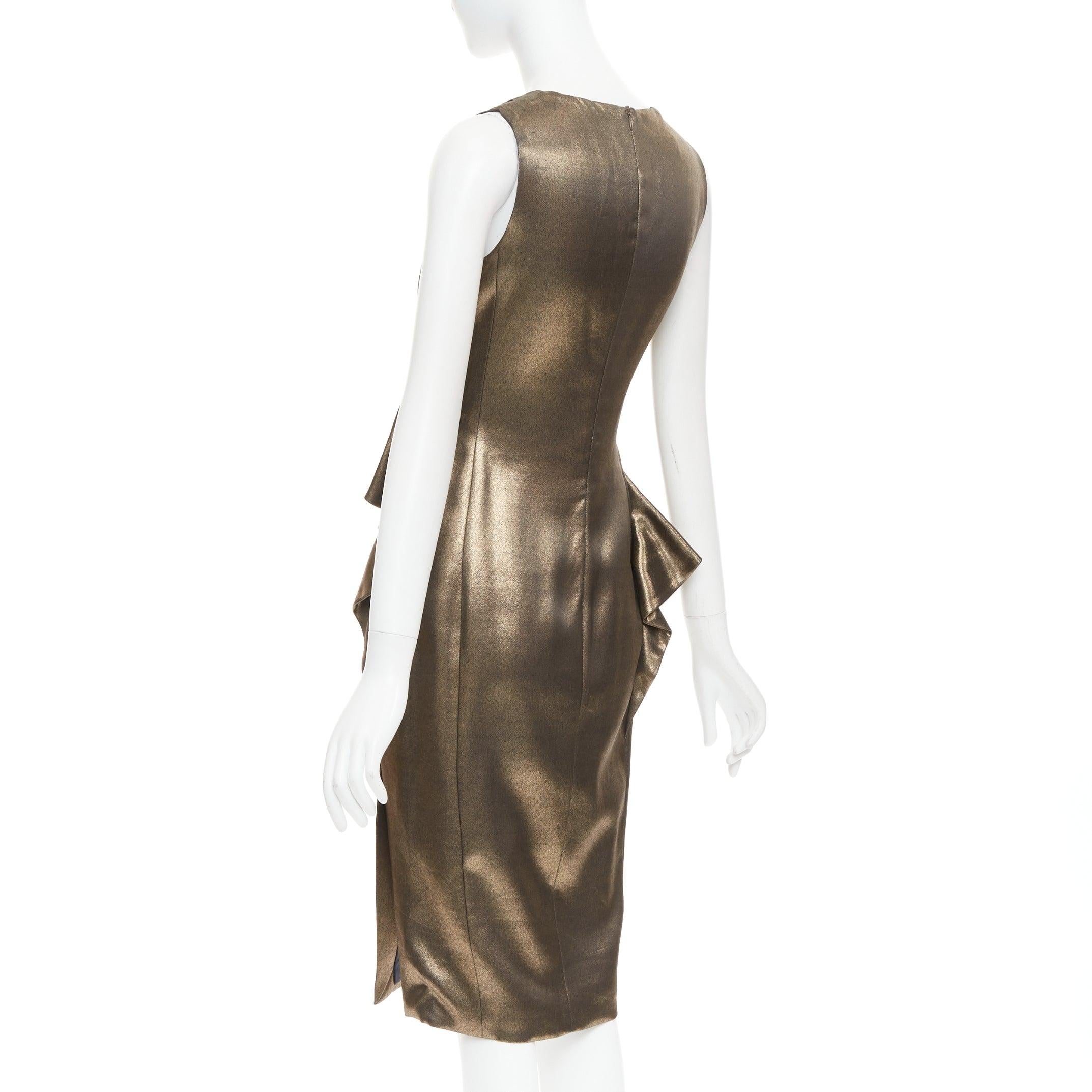 MOSCHINO rustic metallic gold draped peplum V-neck midi cocktail dress IT40 S For Sale 1