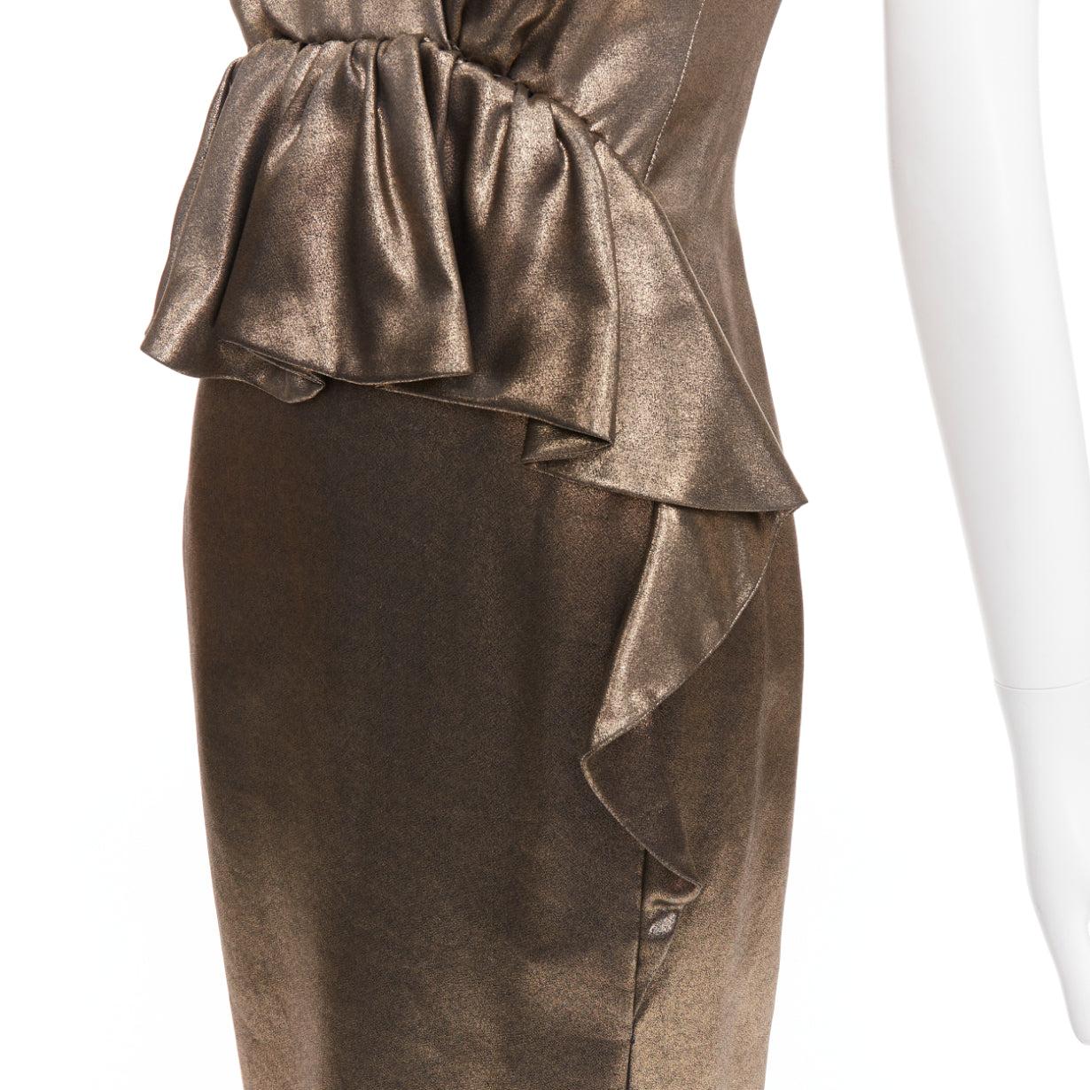MOSCHINO rustic metallic gold draped peplum V-neck midi cocktail dress IT40 S For Sale 2