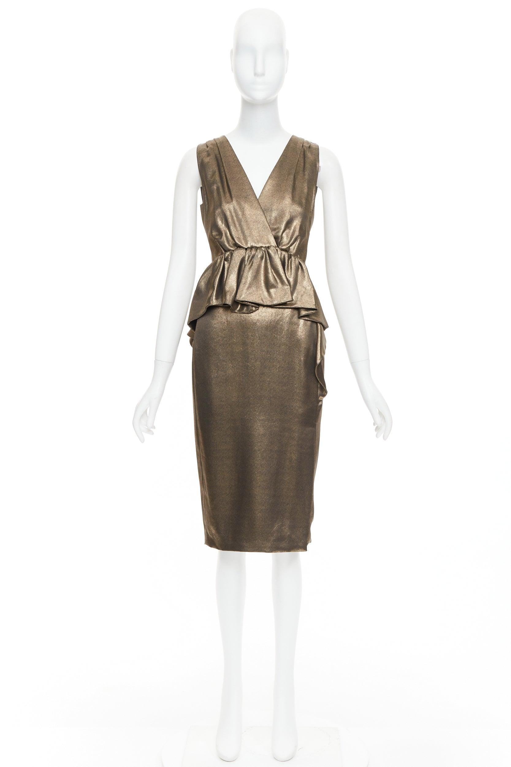MOSCHINO rustic metallic gold draped peplum V-neck midi cocktail dress IT40 S For Sale 4