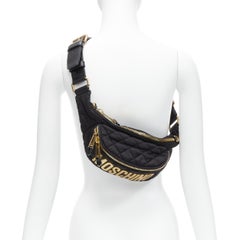 MOSCHINO Signature gold mirrored leather logo black quilted fabric belt bag