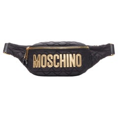 MOSCHINO Signature gold mirrored leather logo black quilted fabric belt bag