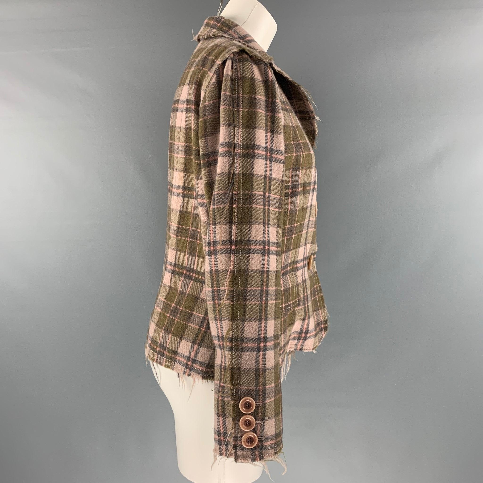 MOSCHINO Cheap and Chic jacket comes in a pink and olive plaid wool twill material featuring a raw edge, no lining, and button up closure. Made in Italy.Very Good Pre-Owned Condition. Minor signs of wear. 

Marked:   12 

Measurements: 
 
Shoulder: