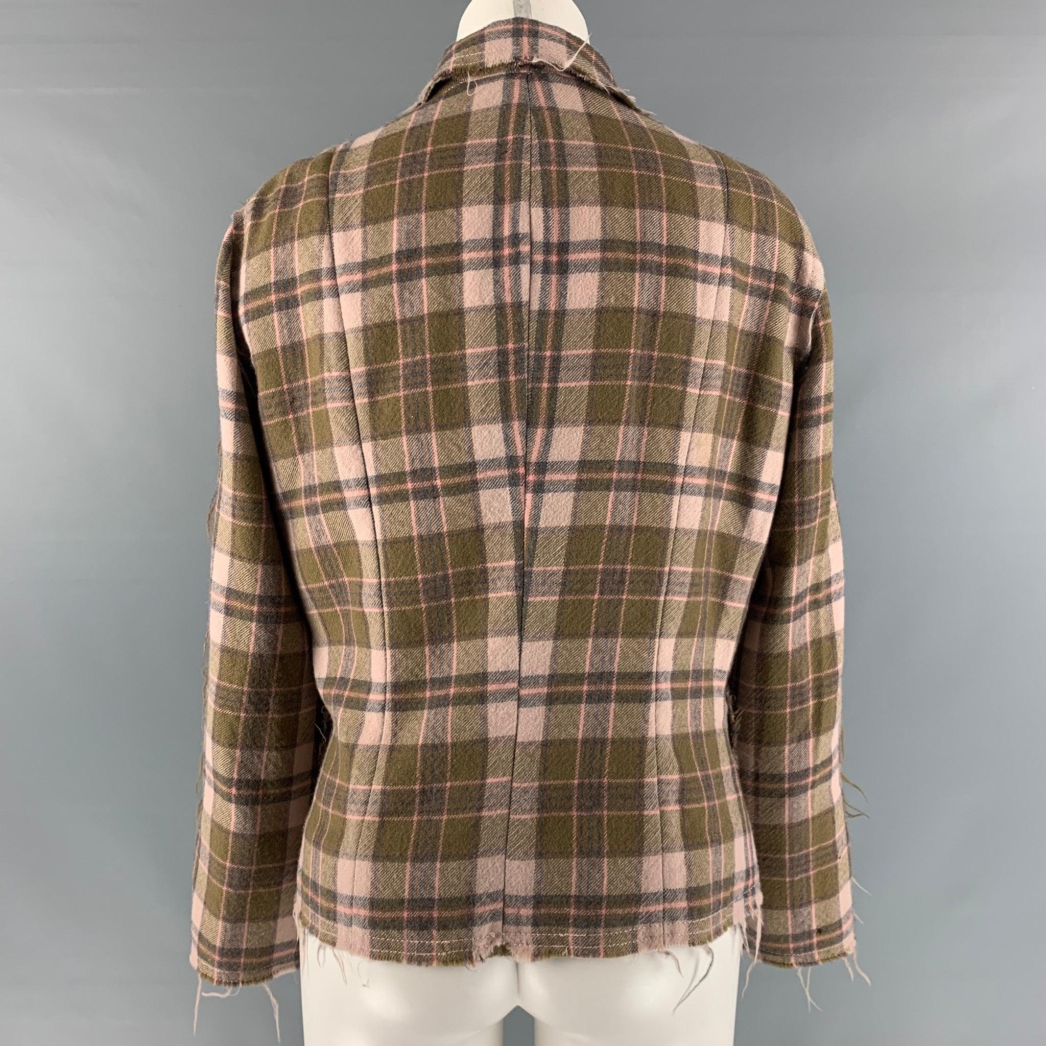 MOSCHINO Size 12 Pink Olive Wool Plaid Raw edge Jacket In Good Condition For Sale In San Francisco, CA