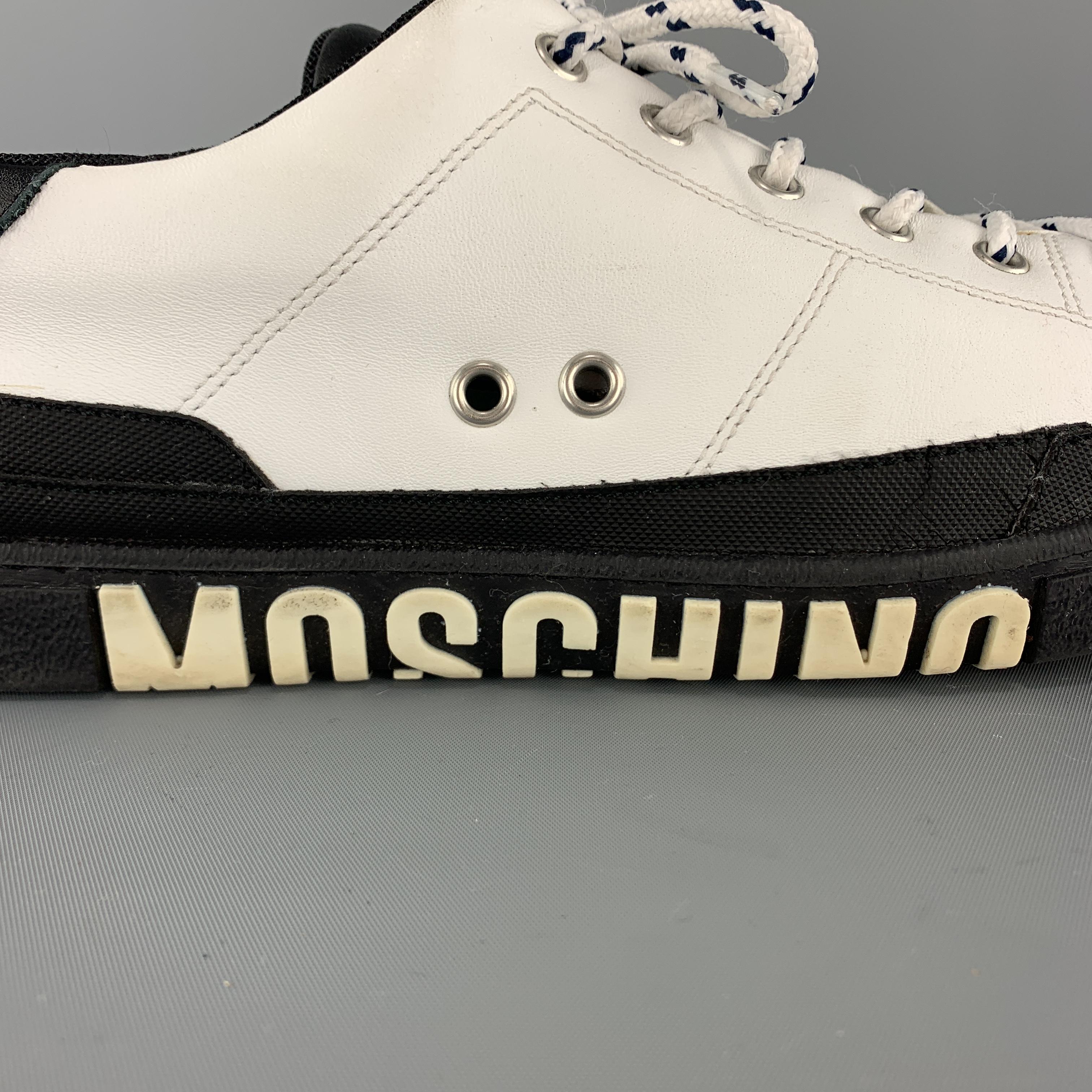 Beige MOSCHINO Size 12 White & Black Leather Logo Lace Up Sneakers