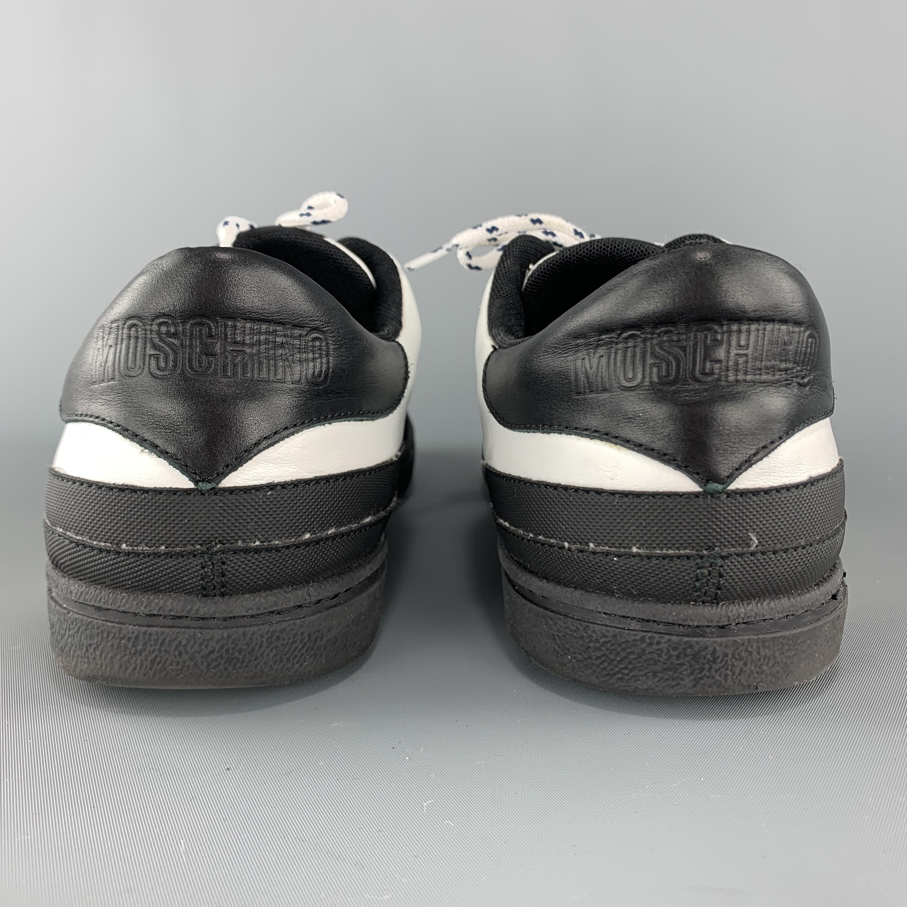 MOSCHINO Size 12 White & Black Leather Logo Lace Up Sneakers In Excellent Condition In San Francisco, CA