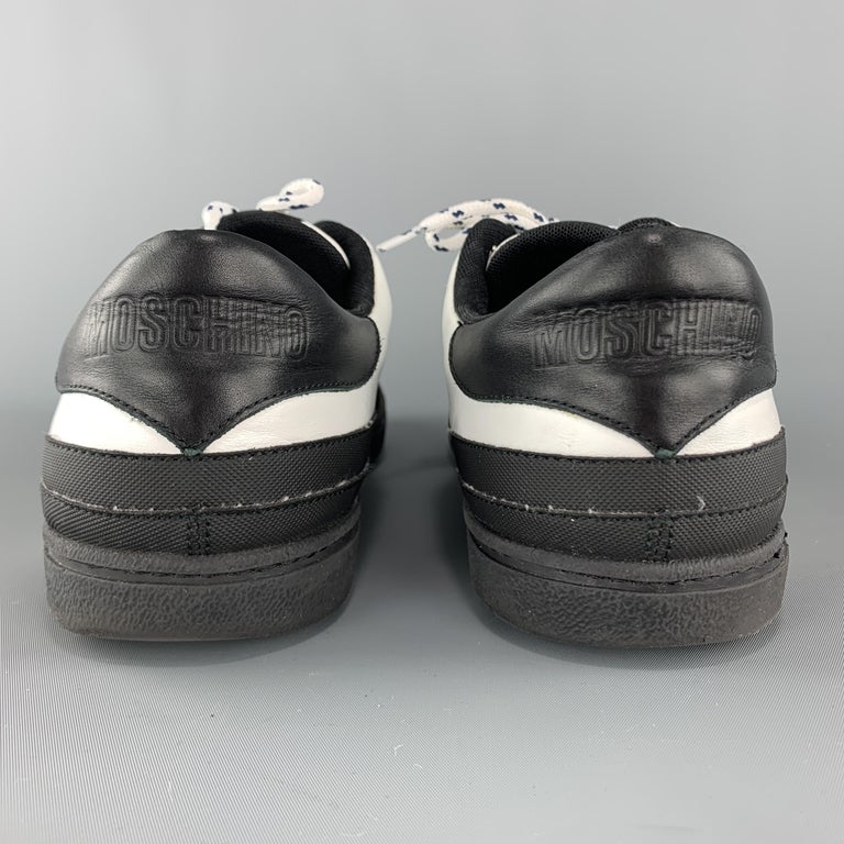 MOSCHINO Size 12 White and Black Leather Logo Lace Up Sneakers For Sale ...