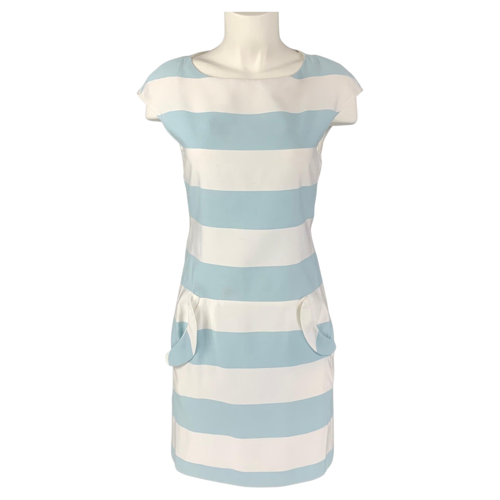 MOSCHINO Size 4 Light Blue & White Cotton and Polyester Stripe Sleeveless Dress