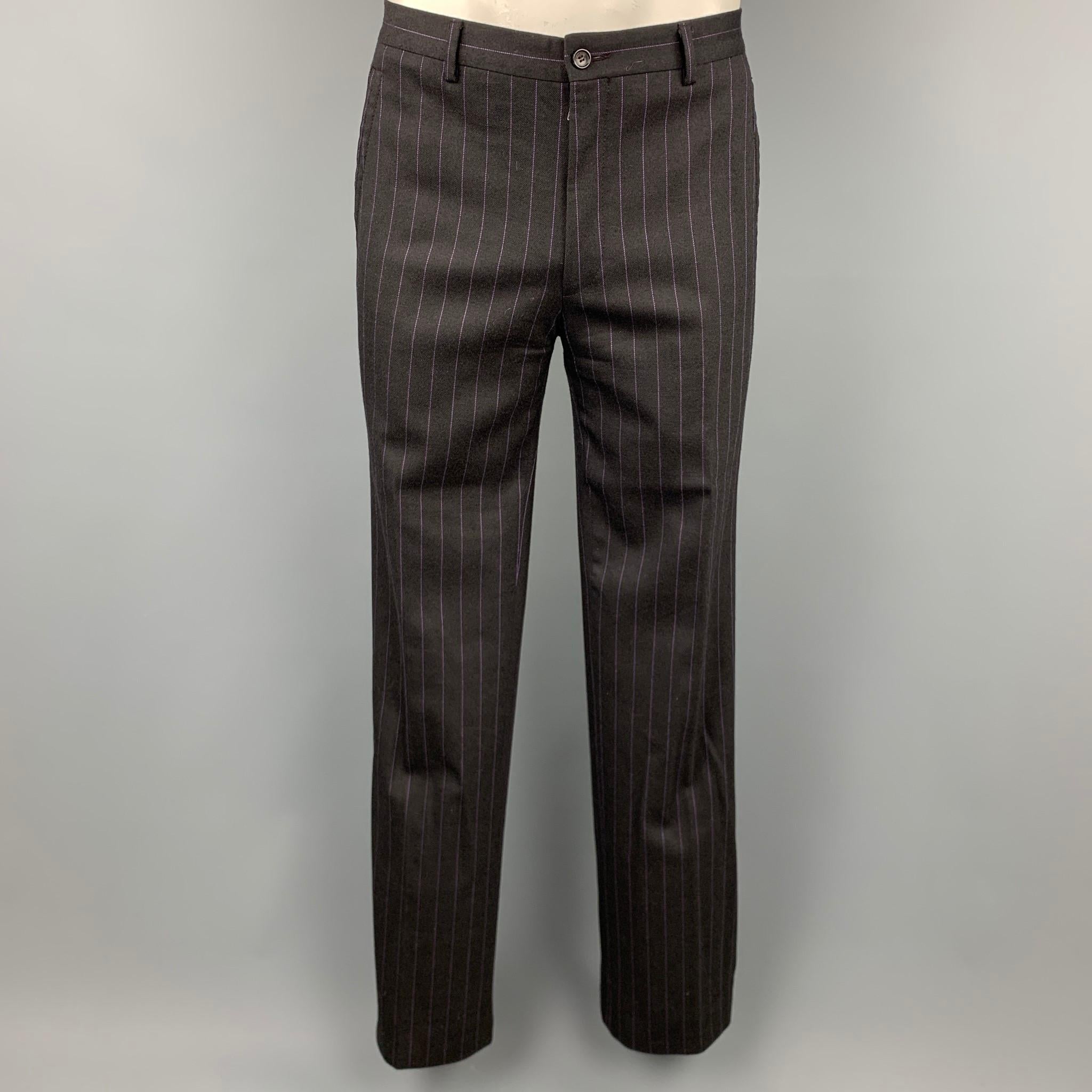 MOSCHINO Size 42 Regular Black Stripe Wool Blend Notch Lapel Suit 1