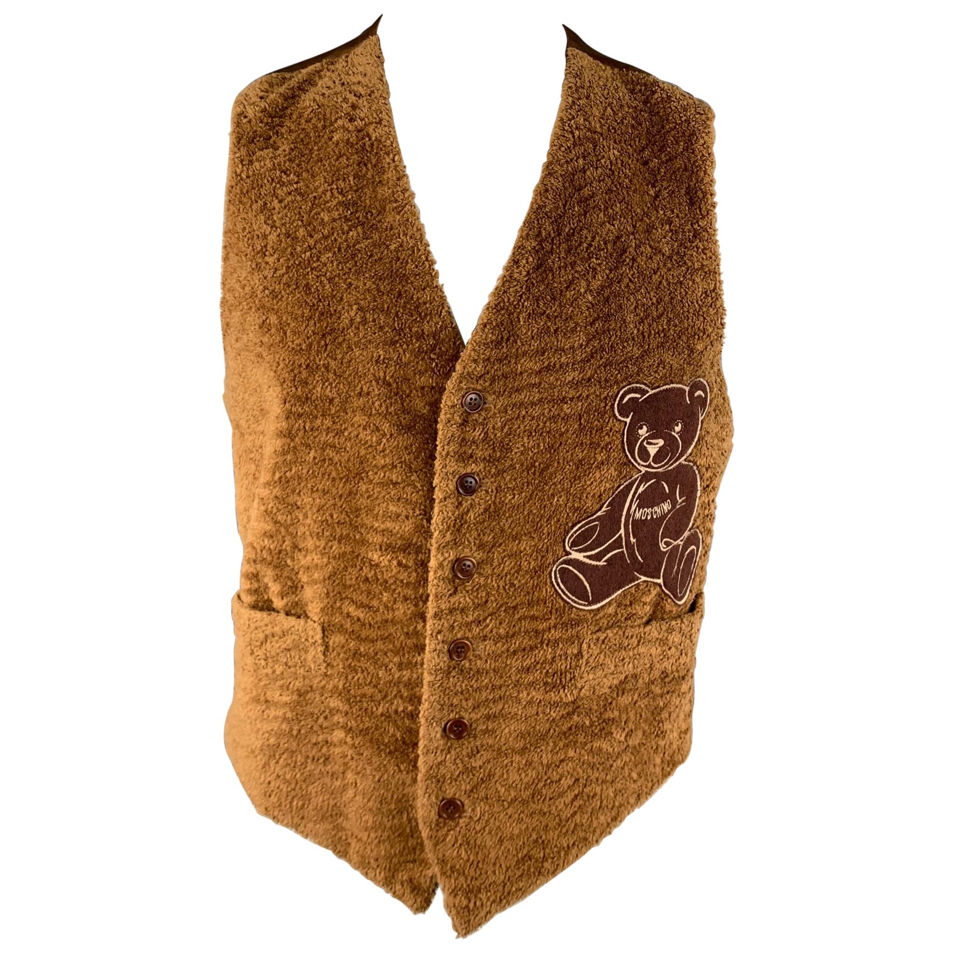 MOSCHINO Size 44 Brown Textured Cotton Bear Embroidery Buttoned Vest