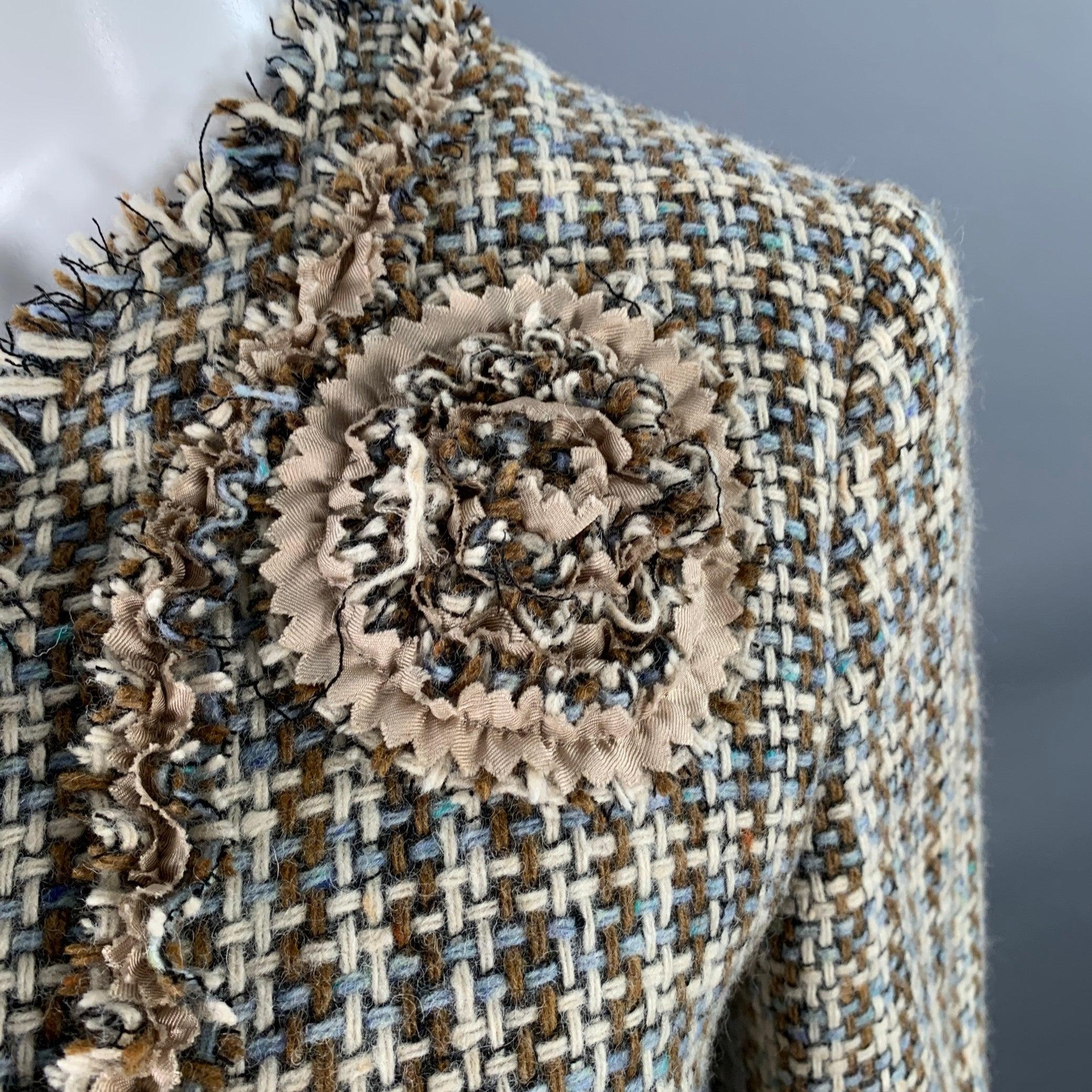 MOSCHINO Size 6 Brown Blue Cream Wool Woven Floral Embellishment Raw Edge Coat In Excellent Condition For Sale In San Francisco, CA