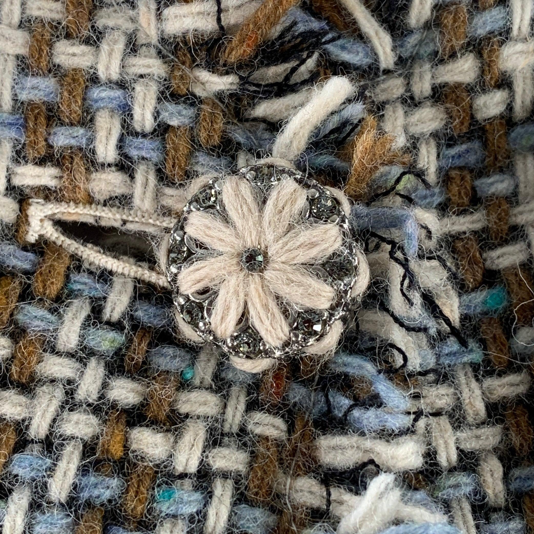 Women's MOSCHINO Size 6 Brown Blue Cream Wool Woven Floral Embellishment Raw Edge Coat For Sale