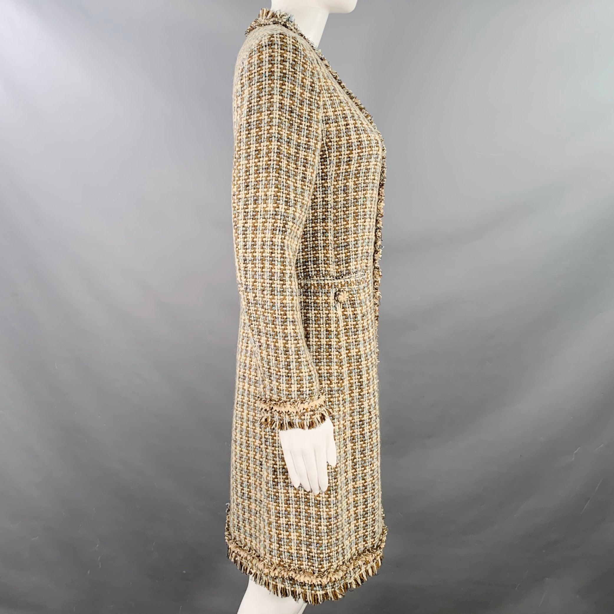 MOSCHINO Size 6 Brown Blue Cream Wool Woven Floral Embellishment Raw Edge Coat For Sale 1