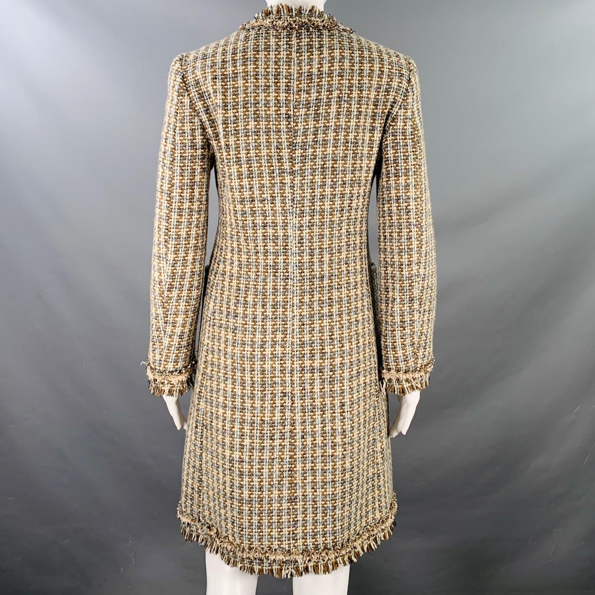MOSCHINO Size 6 Brown Blue Cream Wool Woven Floral Embellishment Raw Edge Coat For Sale 2