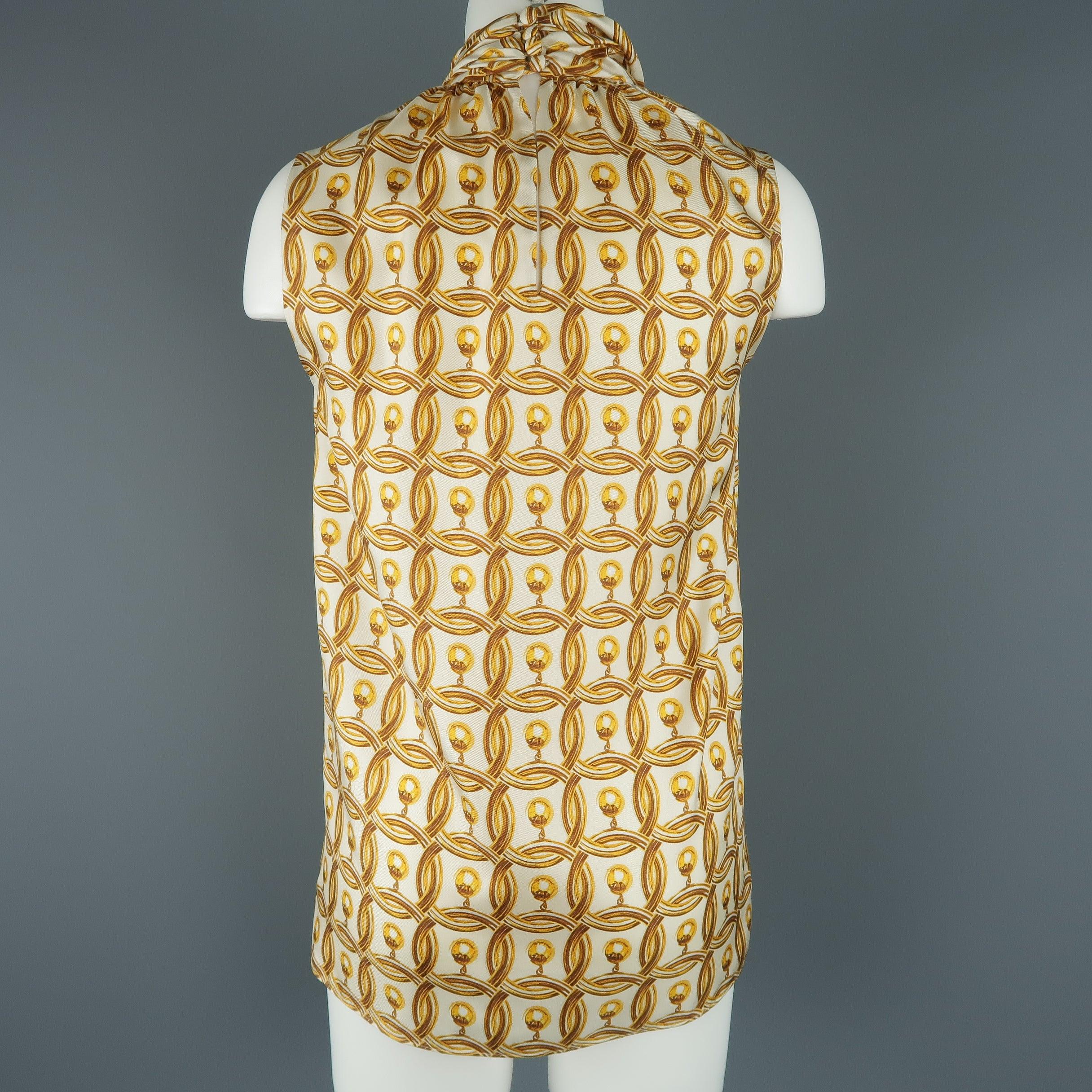 MOSCHINO Size 6 Gold & Cream Hoop Earring Print Silk Bow Dress Top For Sale 2