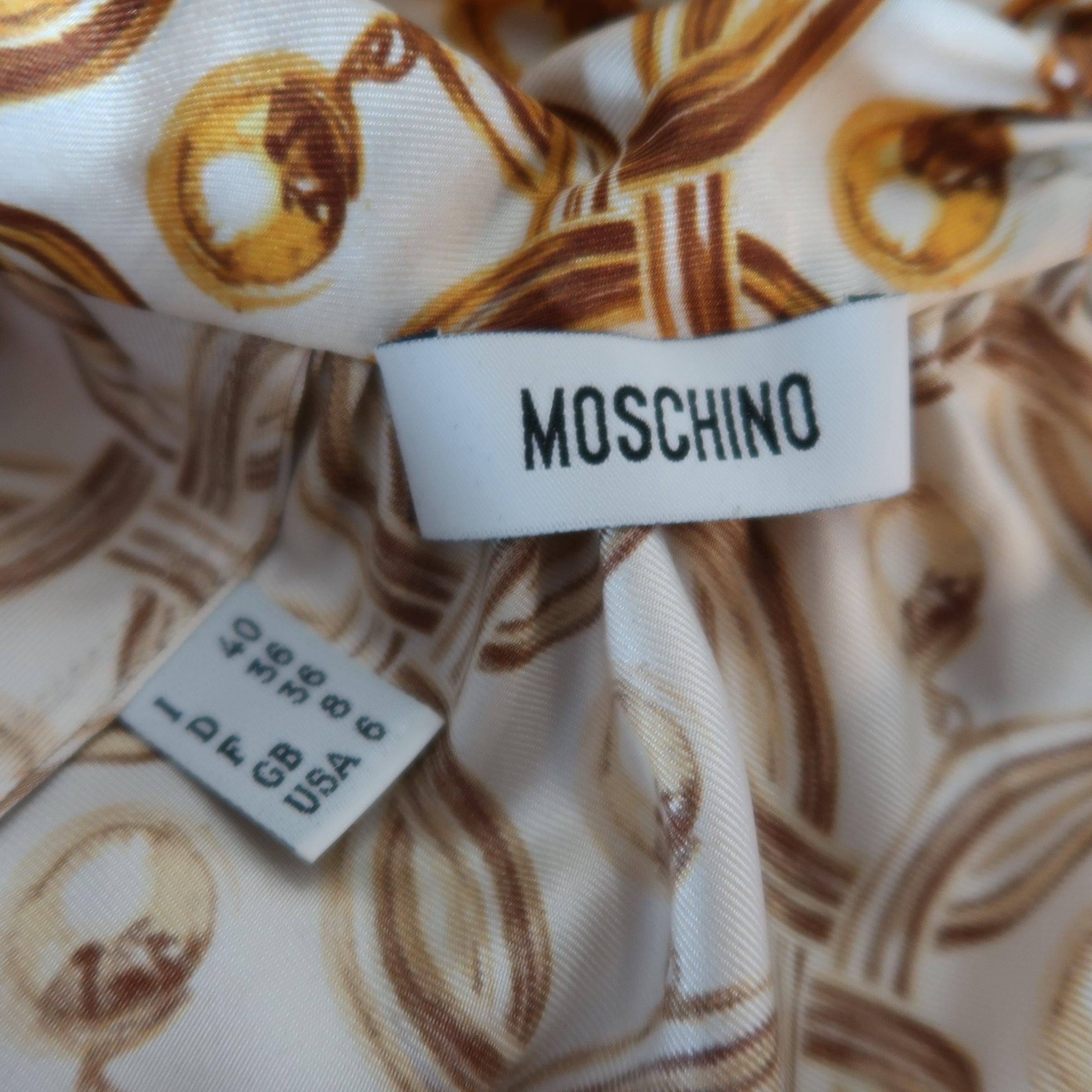 MOSCHINO Size 6 Gold & Cream Hoop Earring Print Silk Bow Dress Top For Sale 5