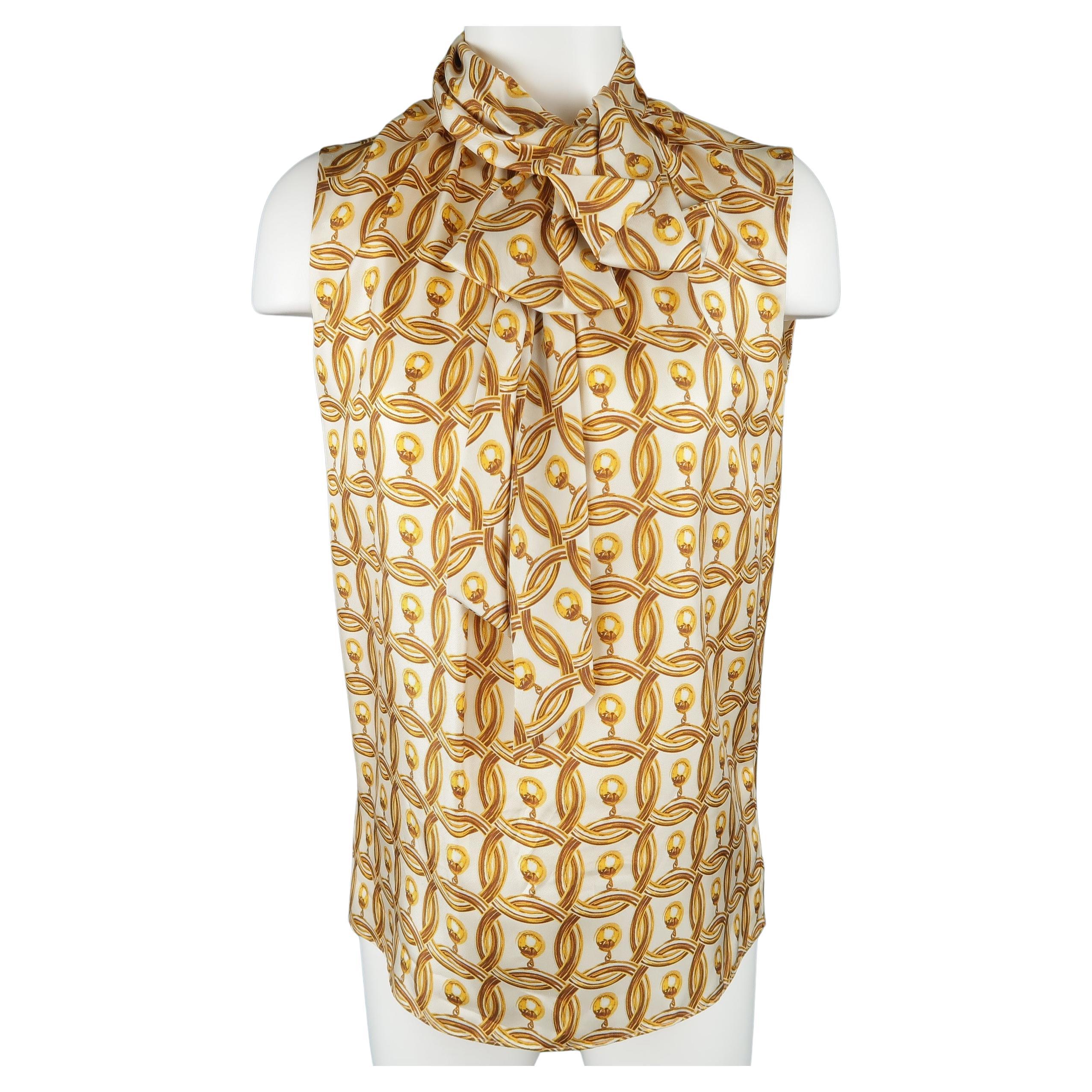 MOSCHINO Size 6 Gold & Cream Hoop Earring Print Silk Bow Dress Top For Sale
