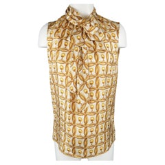MOSCHINO Taille 6 Gold & Cream Hoop Earring Print Silk Bow Dress Top