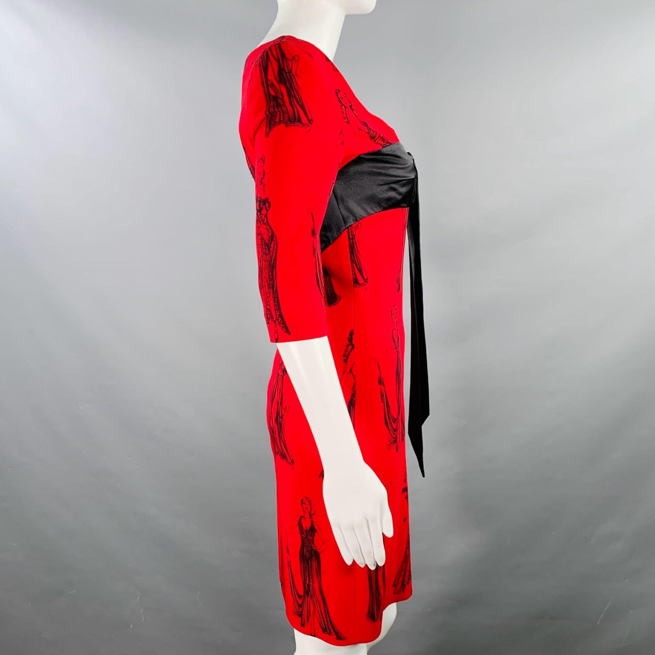 MOSCHINO Size 6 Red Black Viscose Blend Figures Bow Cocktail Dress For Sale 1
