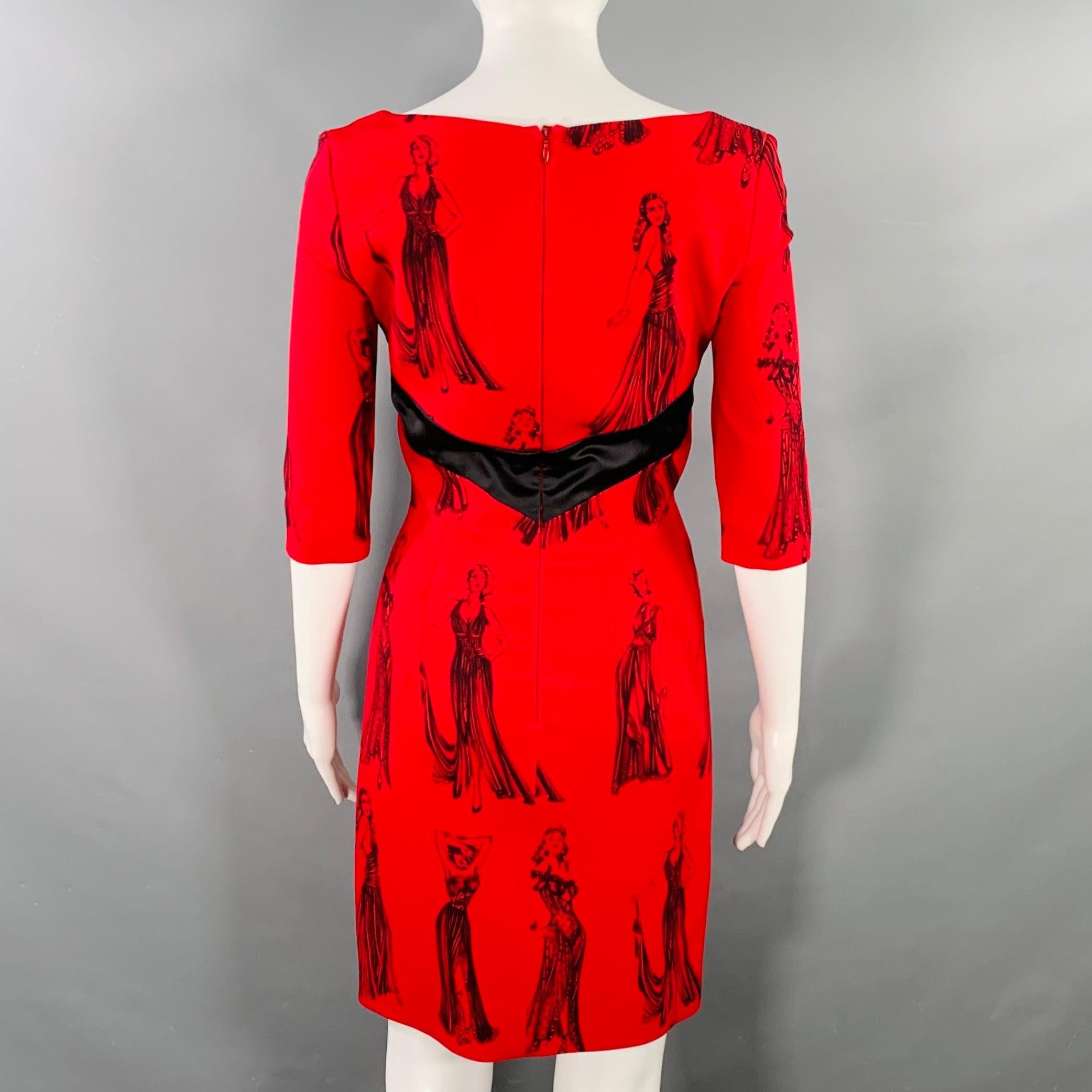 MOSCHINO Size 6 Red Black Viscose Blend Figures Bow Cocktail Dress For Sale 2