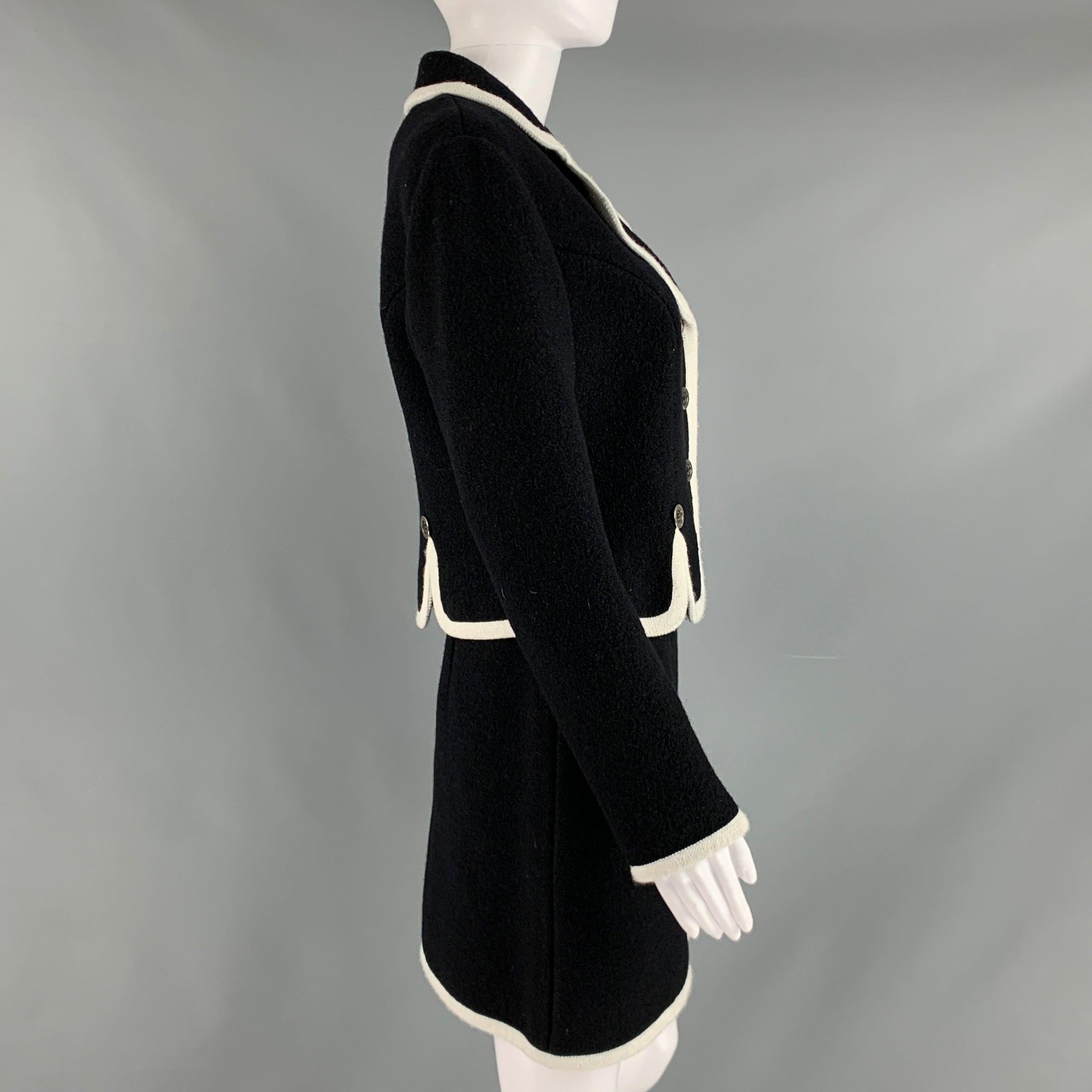 MOSCHINO Size 8 Black White Virgin Wool Contrast trim Single breasted Skirt Suit In Good Condition For Sale In San Francisco, CA