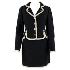 MOSCHINO Size 8 Black White Virgin Wool Contrast trim Single breasted Skirt Suit