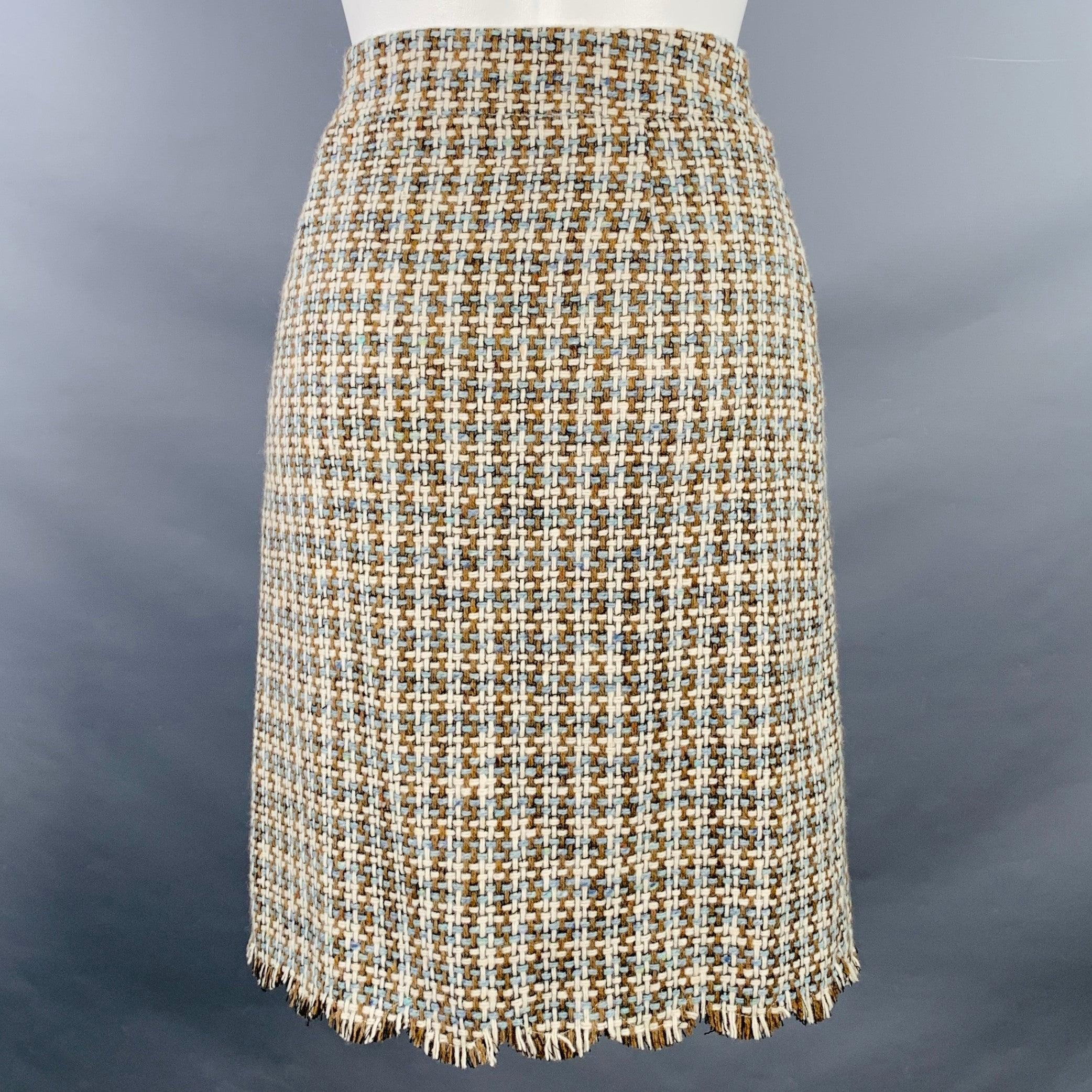 Women's MOSCHINO Size 8 Brown Blue Cream Wool Woven Pencil Below Knee Scallop Hem Skirt For Sale