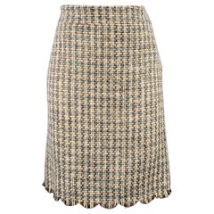 MOSCHINO Taille 8 Brown Blue Cream Wool Woven Pencil Below Knee Scallop Hem Skirt