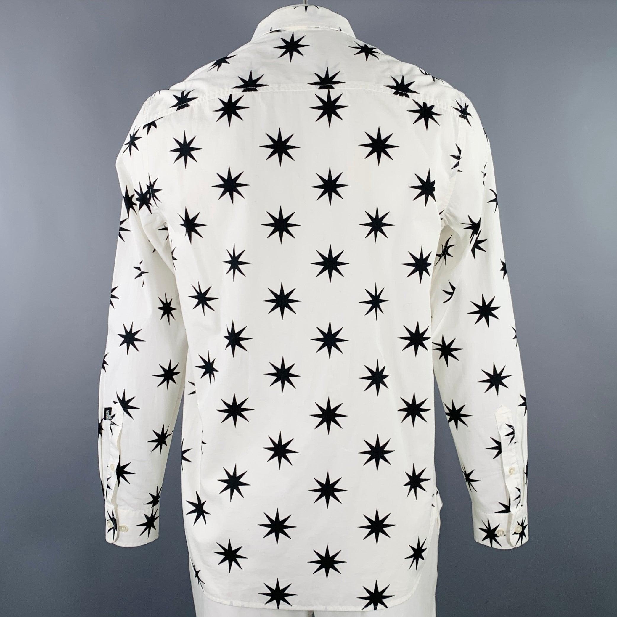 Gray MOSCHINO Size L White Black Stars Cotton Button Up Long Sleeve Shirt