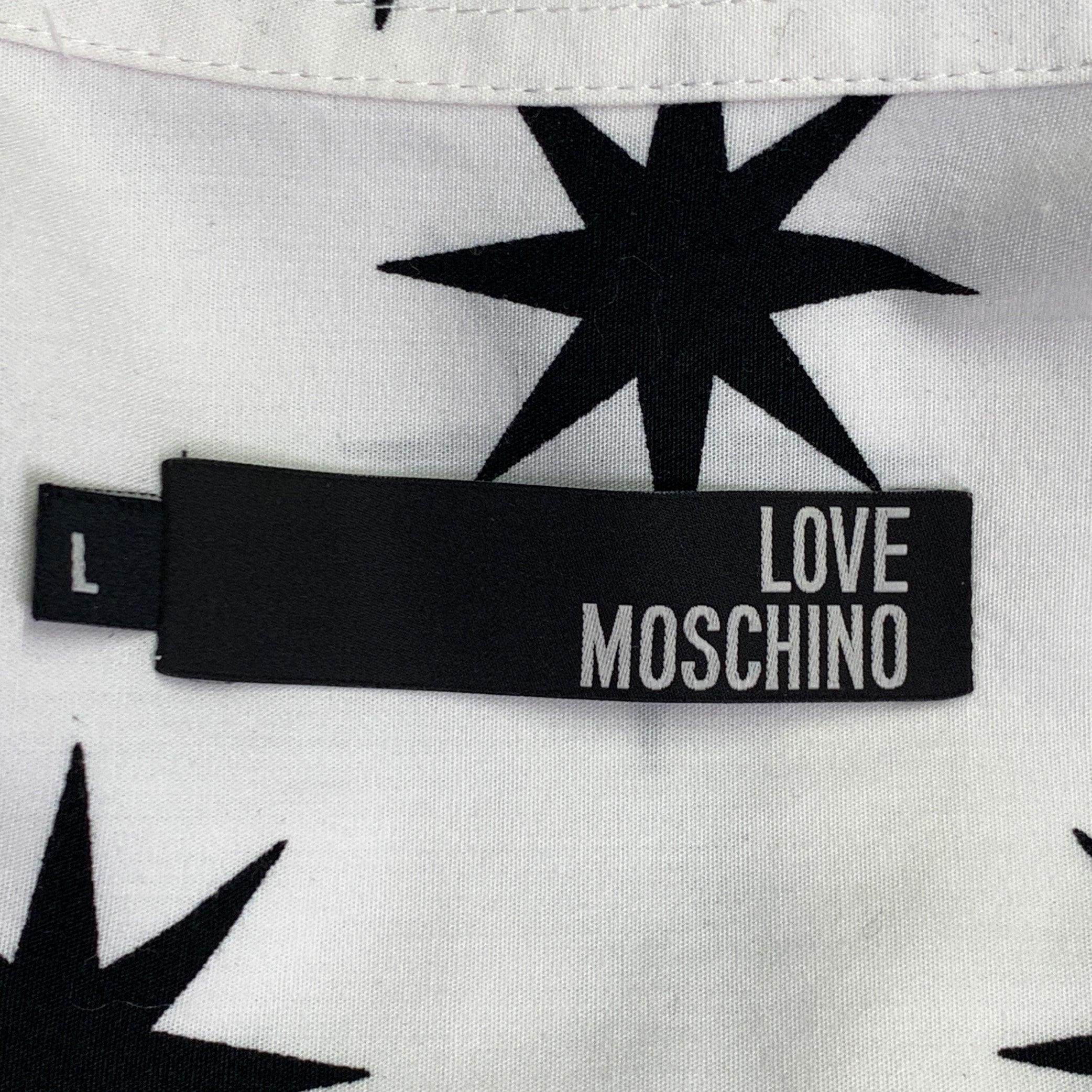 Men's MOSCHINO Size L White Black Stars Cotton Button Up Long Sleeve Shirt