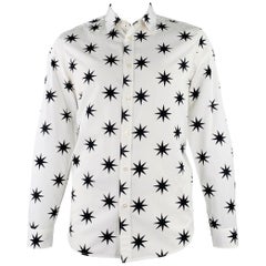 MOSCHINO Size L White Black Stars Cotton Button Up Long Sleeve Shirt